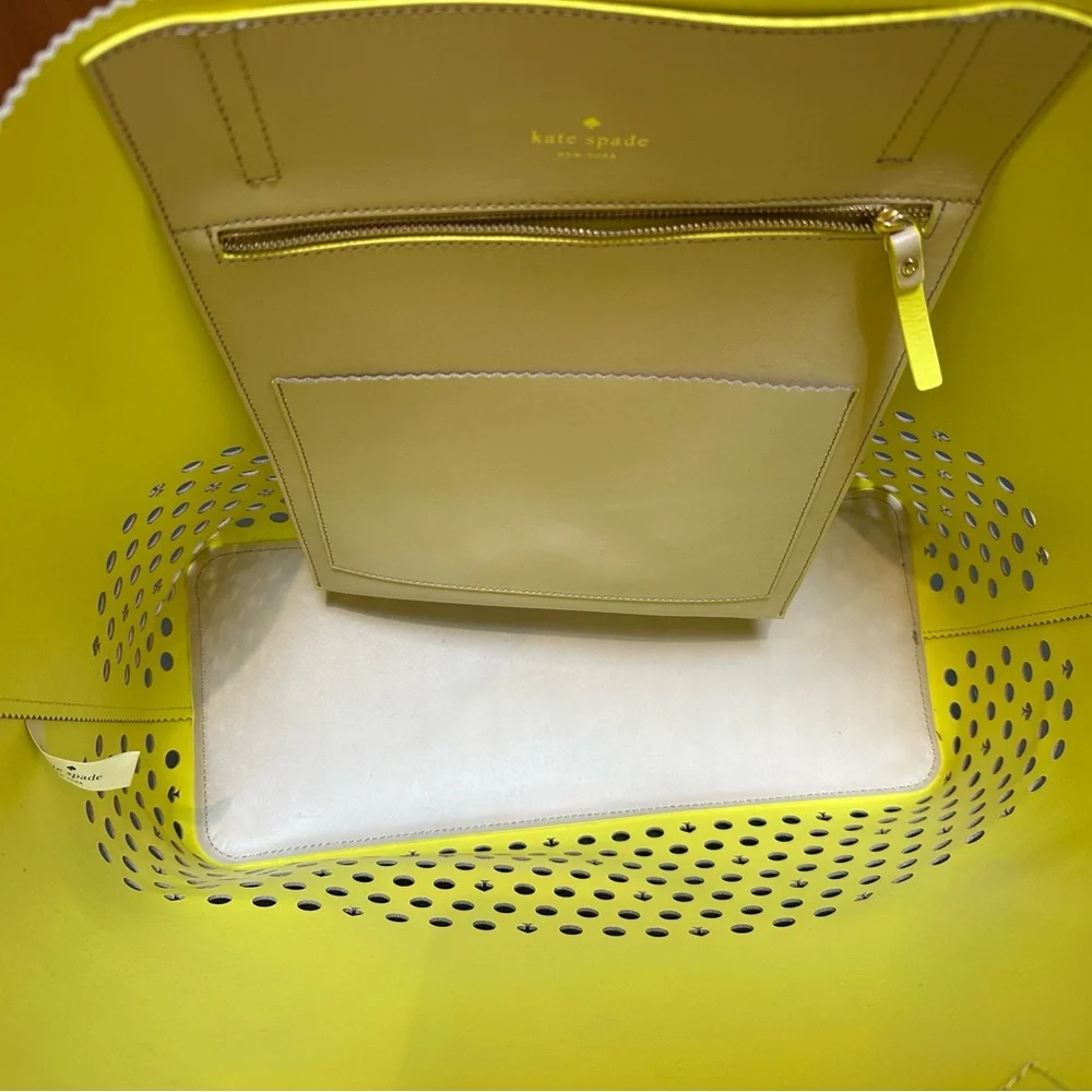NWOT Kate Spade Large Cream & Neon Yellow Perforated Leather Tote +cloth dustbag - Picture 2 of 9